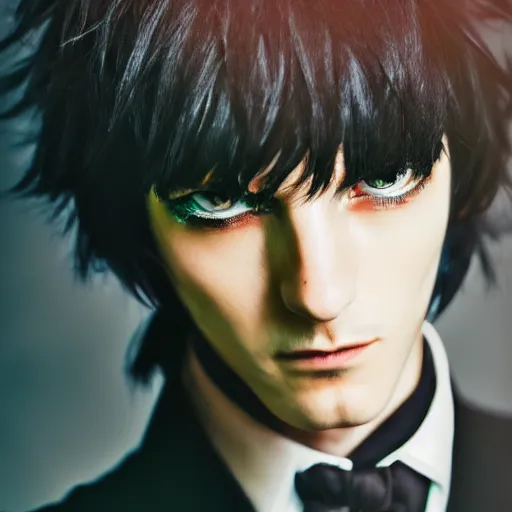 Image similar to eccentric portrait of Lelouch Lamperouge, mysterious man, professional photography, color correction, realistic eyes