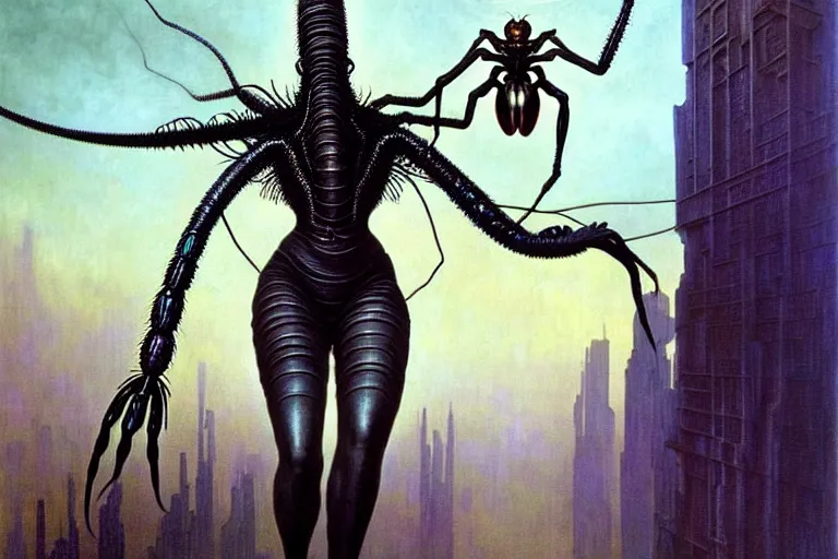 Image similar to realistic detailed portrait movie shot of a beautiful black woman riding a giant spider, dystopian city landscape background by denis villeneuve, amano, yves tanguy, alphonse mucha, max ernst, ernst haeckel, kehinde wiley, caravaggio, jean delville, edward robert hughes, roger dean, cyber necklace, rich moody colours, sci fi patterns, dramatic, wide angle