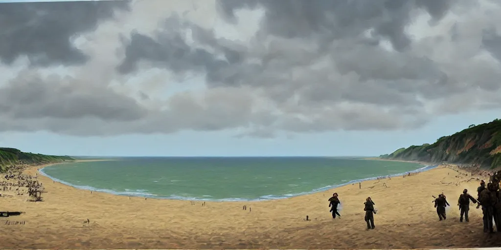 Image similar to omaha beach, ww 2, matte painting, oil painting, painting