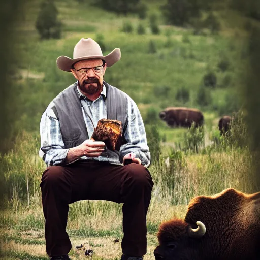 Prompt: walter white eating bison, photography,