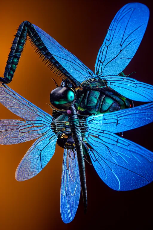 Prompt: a macro photograph of a bio - mech cyborg dragonfly by adam gor, by javier ruperez, by ellen jewett, beautifully lit, atmospheric lighting, mystical, 8 k