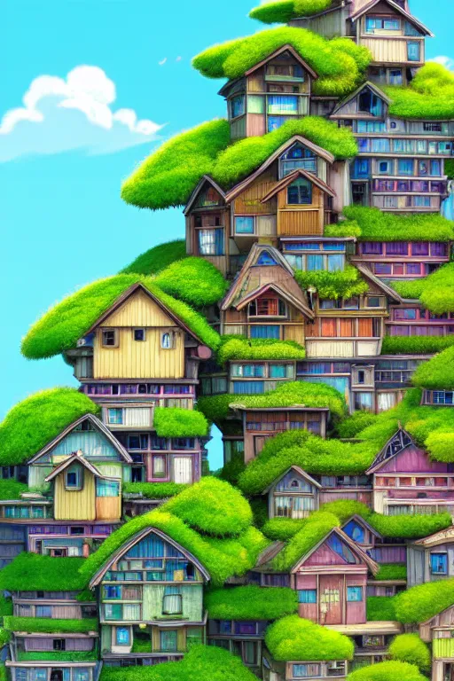 Image similar to stacked houses, solarpunk, studio ghibli, 4 k