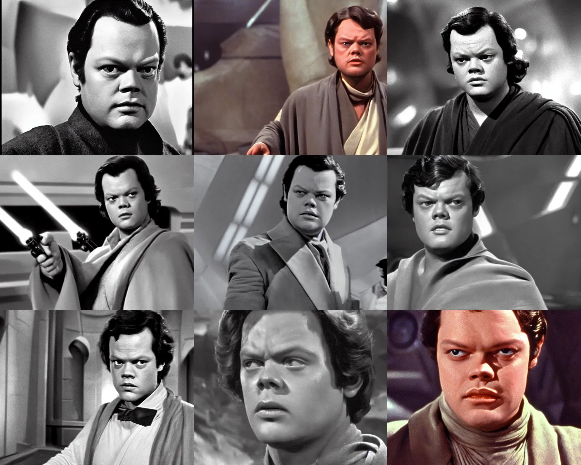 Prompt: young orson welles in star wars 1 9 7 7, as a jedi, film still