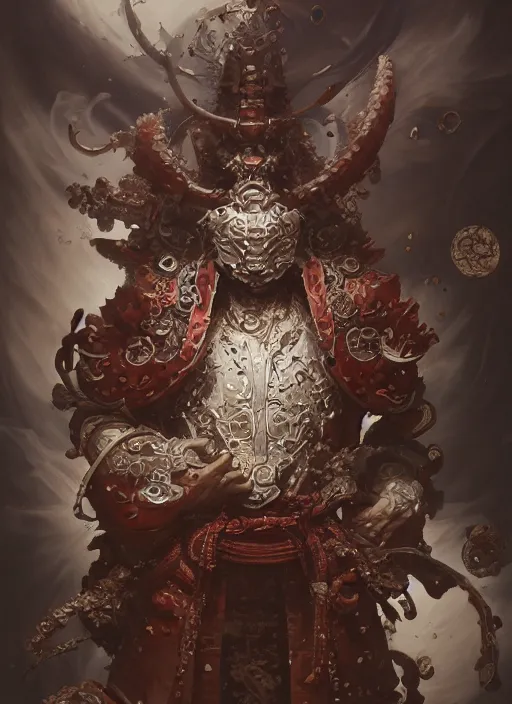 Prompt: subsurface scattering, white, koi, samurai deity with filigree chitin armor, by jesper ejsing, james jean, justin gerard, tomasz alen kopera, cgsociety and fenghua zhong, highly detailed, rim light, cinematic lighting, illustration, art, octane render, very coherent, cinematic, hyper realism, high detail, 8 k