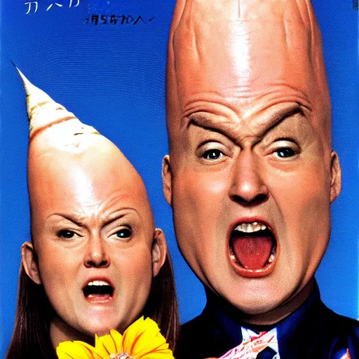 Image similar to coneheads, japanese vhs cover art, detailed facial expressions h - 1 0 2 4 w - 5 1 2