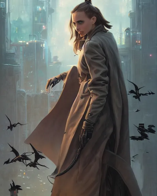 Image similar to beautiful fantasy character portrait, natalie portman, wearing oversized black trench coat, ultra realistic, wide angle, dramatic lighting, vultures, cyberpunk artifacts, highly detailed by peter mohrbacher, hajime sorayama, wayne barlowe, boris vallejo, aaron horkey, gaston bussiere, craig mullins