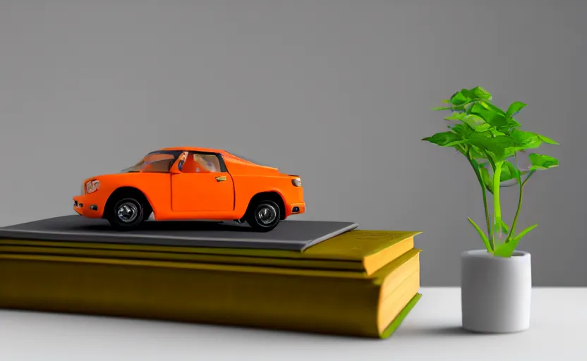 Prompt: a small miniature of a orange Toyota TE27 on a white table near a book and a vase with a plant, hyperrealistic, concept art, octane render, unreal engine 5, path tracing, complementary colors, calm, relaxing, serene, product photo, centered, symmetrical