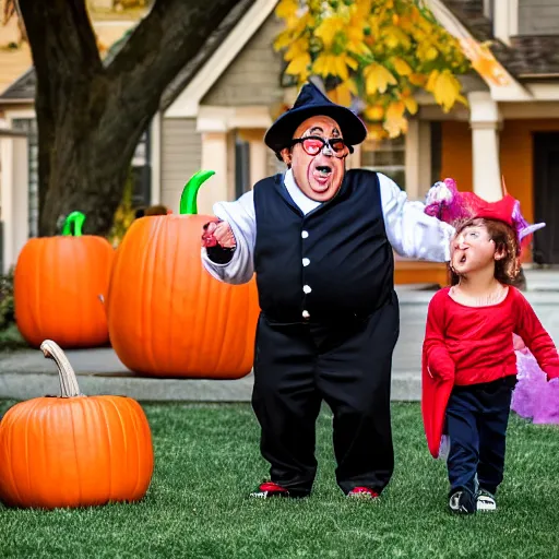 Image similar to danny devito trick or treating, ( sony a 7 r iv, symmetric balance, polarizing filter, photolab, lightroom, 4 k, dolby vision, photography awardm, voque, perfect face )