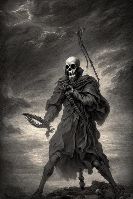 Prompt: Grim Reaper with golden skull walking a foggy battlefield : white paper : black ink : intricate ink detail : sunset : hourglass : black roses : baroque : neoclassical : ethereal : gazing into a memory : golden ratio : Fibonacci spiral : symmetrical : by Peter Paul Rubens + Jacques-Louis David : intricate ink illustration : intricate detail : volumetric lighting : cinematic lighting