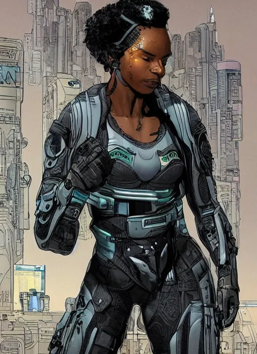 Prompt: selina igwe. apex legends beautiful cyberpunk fitness babe in stealth suit. concept art by james gurney and mœbius. gorgeous face.