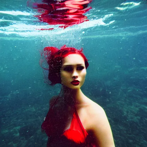 Image similar to beautiful portrait of sensual fashion model in red silk underwater, 35mm film