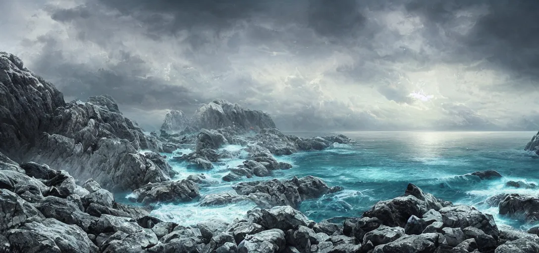 Image similar to octane render uhd, 8 k art photography, filmic lighting, cinematic art shot, hyperrealistic, hyperdetailed, super detailed, 8 k, high resolution, vast dark granite landscape with mysterious strangle glowing crystalline structure made of white rocks in the far distance, particle simulation, painting by ross tran and ivan aivazovsky, black water, sunset