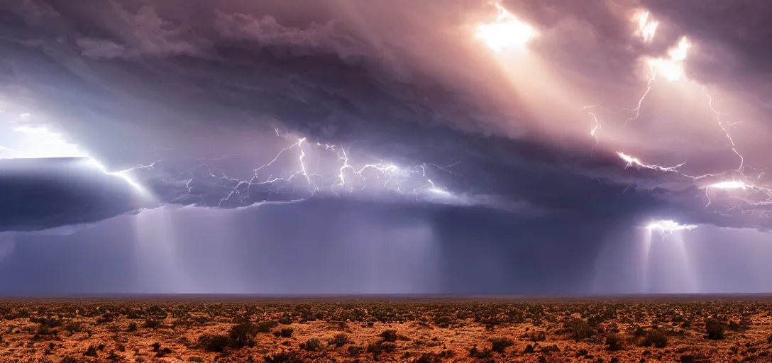 Prompt: a beautiful picture of a dark turbulent cloud looming on the horizon in a desert with god rays breaking through the cloud, intricate detail, impending doom, sunset, serene, haze, volumetric lighting, volumetric clouds, 8 k, hyperrealistic, digital art trending on artstation