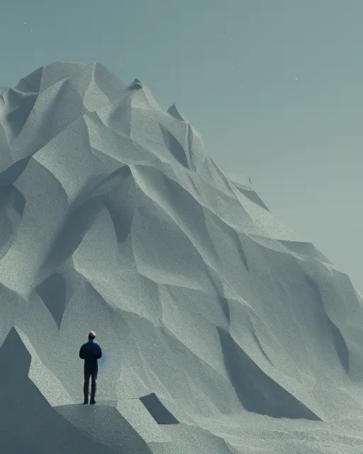 Image similar to a man standing in the middle of a mountain, a low poly render by filip hodas, behance contest winner, environmental art, rendered in cinema 4 d, volumetric lighting, low poly