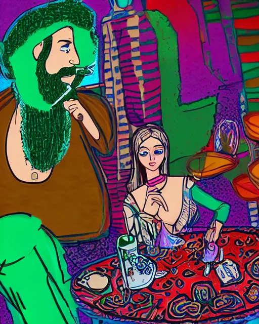 Prompt: chad bearded guy smoking hookah on a date with girl in turkish national dress, acid trip style, artwork, 4 k