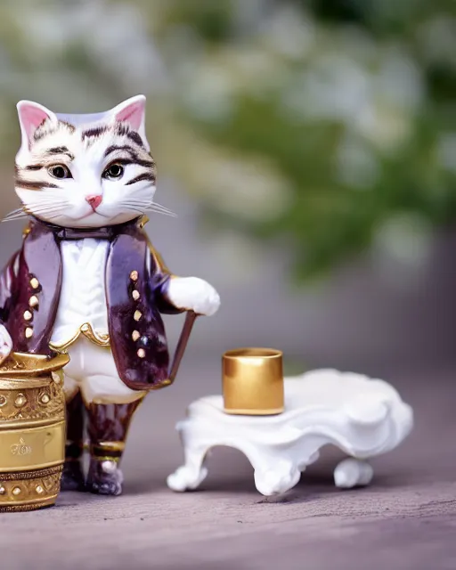 Image similar to high quality presentation photo of a a detailed porcelain figurine of a cute cat dressed as Napoleon holding a piece of chesse, photography 4k, f1.8 anamorphic, bokeh, 4k, Canon, Nikon