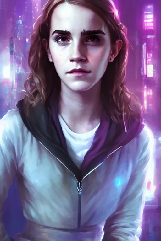 Image similar to portrait of Emma Watson as Hermione Granger in cyberpunk, neon lighting, night city, digital art from artstation by Ruan Jia and Mandy Jurgens and Artgerm and william-adolphe bouguereau and Greg Rutkowski and Wayne Barlowe