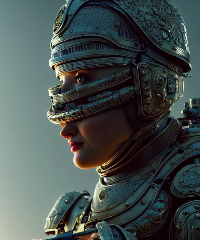 Prompt: realistic portrait of a retro futuristic female soldier with ornate vintage armour and open helmet, still from a movie by Terrence Malick, Tarkovsky, Gaspar Noe, James Cameron, intricate artwork by Tooth Wu and wlop and beeple, greg rutkowski, very coherent symmetrical artwork, cinematic, hyper realism, high detail, octane render, unreal engine, 8k, Vibrant colors, Smooth gradients, High contrast, depth of field