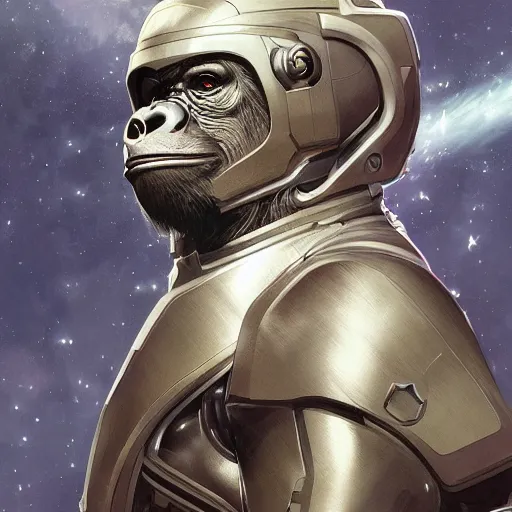 Image similar to detailed science - fiction character portrait of a silverback gorilla wearing a omnicolored space suit, intricate, wild, highly detailed, digital painting, artstation, concept art, smooth, sharp focus, illustration, art by artgerm and greg rutkowski and alphonse mucha