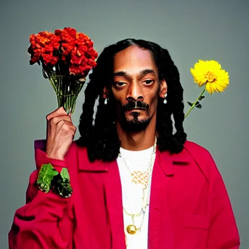 Image similar to Snoop Dogg crying while holding a Vase of flowers for a 1990s sitcom tv show, Studio Photograph, portrait, very sad C 12.0