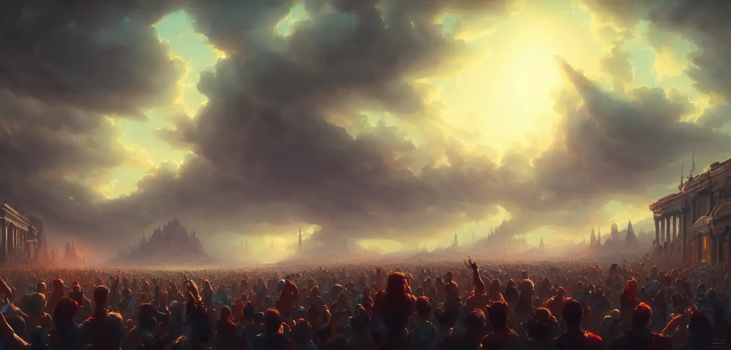 Image similar to painting of a crowd with raised arms pointing toward, cinematic view, epic sky, detailed, concept art, low angle, high detail, warm lighting, volumetric, godrays, vivid, beautiful, trending on artstation, by jordan grimmer, huge scene, art greg rutkowski