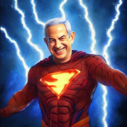 Image similar to portrait of benjamin netanyahu grinning while holding lightning bolts with his hands, superhero art, by artgerm and greg rutkowski