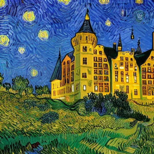 Image similar to Gripsholms castle in the style of van gogh