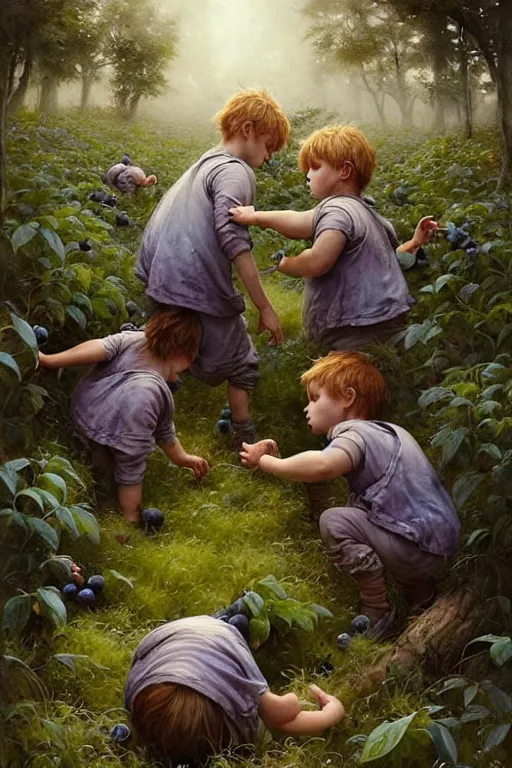 Image similar to kids picking huge blueberries | esoteric symbolism | jean - baptiste monge, esao andrews, bastien lecouffe - deharme, tim jacobus, ken currie | ultra - detailed realism, soft cinematic lighting, hi - fructose, artstation, high - quality, ink watercolors wes anderson poster art