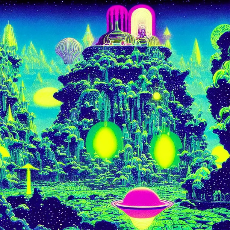 Prompt: mysterious ufo hovering over magical crystal temple, bright neon colors, highly detailed, cinematic, hiroo isono, tim white, philippe druillet, roger dean, lisa frank, aubrey beardsley