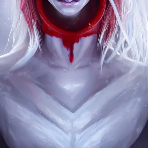 Image similar to a highly detailed portrait of a humanoid demon girl with white hair, red horns, in white clothes, red eyes artstation, deviantart, professional, unreal engine 5, photorealistic