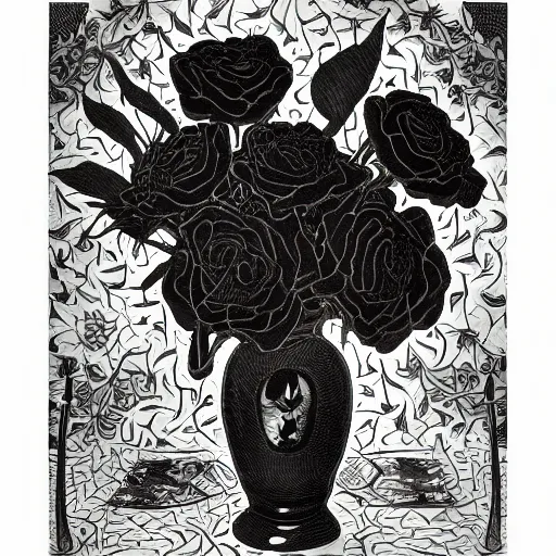 Prompt: a vase of black roses on a table with an ornate patterned tablecloth, in the style of audrey kawasaki, photorealistic, painted by wassily kandinsky and hr giger and georgia okeeffe, moody lighting, ink and charcoal illustration