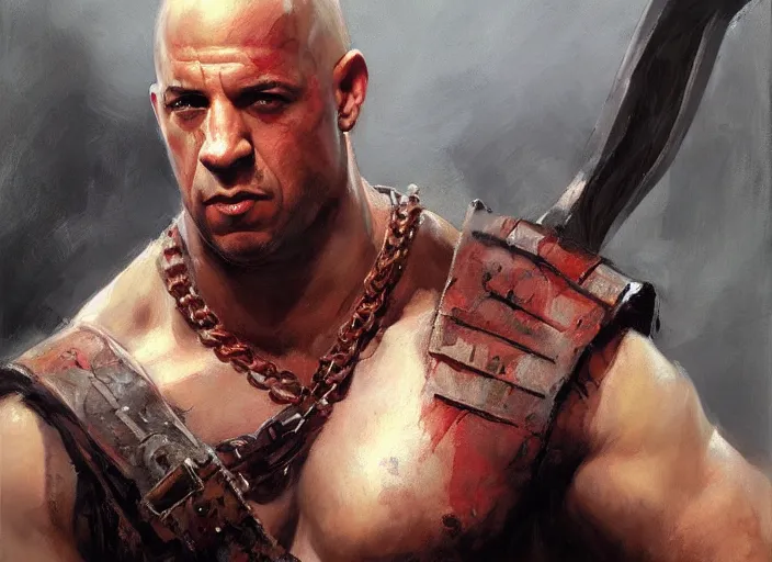 Prompt: a highly detailed beautiful portrait of vin diesel as kratos, by gregory manchess, james gurney, james jean