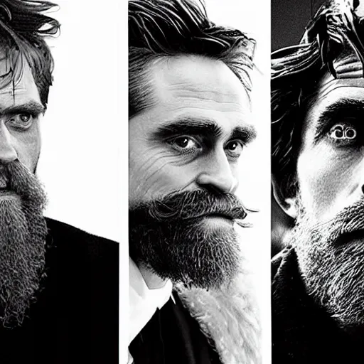 Image similar to Willem Dafoe with a beard and Robert Pattinson with a moustache in The Lighthouse (2019), high contrast, black and white cinematography