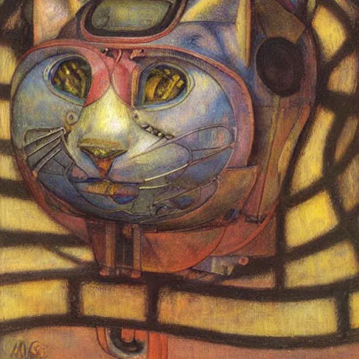 Image similar to the mechanical robot cat, by annie swynnerton and diego rivera, symbolist, dramatic lighting, elaborate geometric ornament, art brut, soft cool colors, smooth, sharp focus, extremely detailed, adolf wolfli and ( donato giancola )