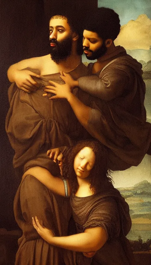 Prompt: drake and the weeknd smoking by leonardo da vinci, brown skin, classical painting, digital painting, romanticism, vivid color, oil painting