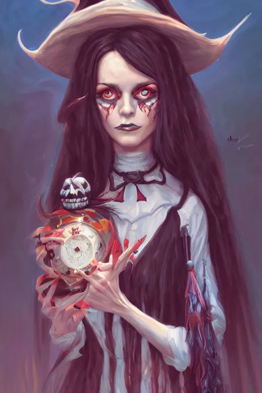 Image similar to portrait of a witch, american mcgee's alice, sharp focus, artstation, trending, by julie dillon, luis melo, tyler miles lockett, lei jin, hong lei, ken wong, adam narozanski, joy ang