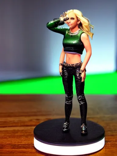 Prompt: a resin miniature of Britney Spears wearing wavy hair, black pants, and green metallic crop top in Warhammer, miniature product photo, full body, on textured disc base, 4K, HD