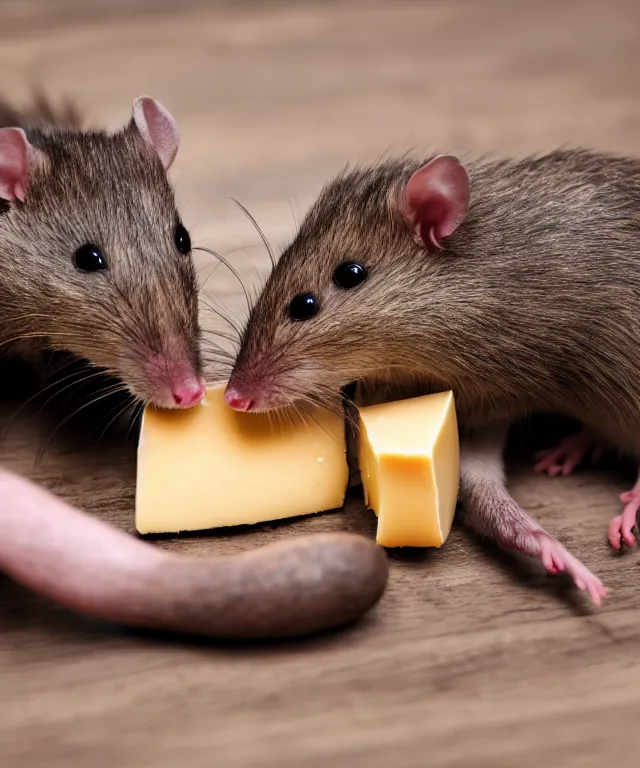 Prompt: high quality presentation photo of vicious anthropomorphic rats with sharp teeth eating cheese, photography 4k f1.8 anamorphic bokeh 4k Canon Nikon