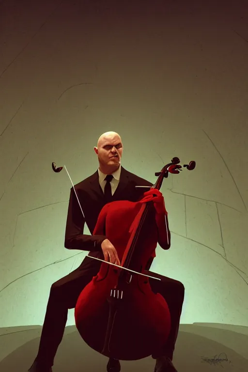 Image similar to an expressive portrait of agent 4 7 playing the cello in a monastery, dark background, red rim light, digital art, artstation, concept art by giger stalenhag