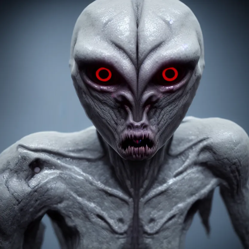 Prompt: pale humanoid alien with nightmarish eyes that never blink, horror game graphics, horror monster design concept art, 4k, octane render, unreal render, indie video game horror