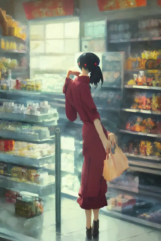 Image similar to a photography of a woman Grocer with frock,looks like Ziyi Zhang ponytail, grocery store around，winter,anime style character, clean soft lighting, backlit beautiful face, Oil painting, by Ilya Kuvshinov, Greg Rutkowski and Makoto Shinkai