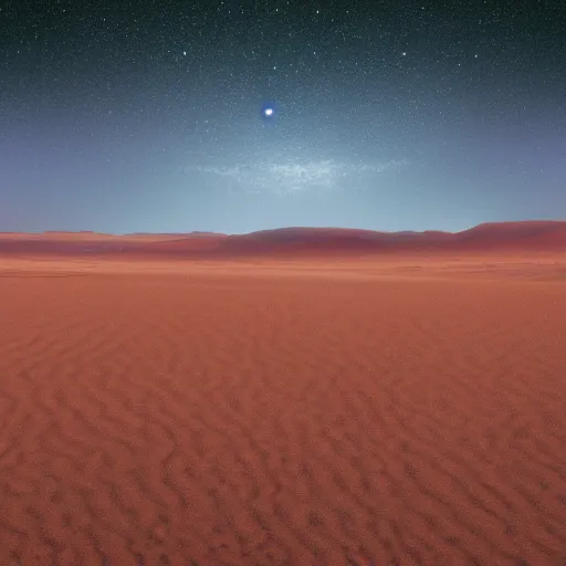 Image similar to twin stars above alien desert landscape, moody