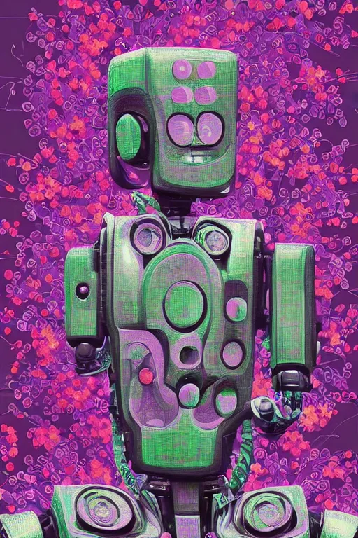 Image similar to a digital painting of a robot wearing a suit made of flowers, closeup, 1965 character portrait by Vladimir Tretchikoff and Lionel Smit, digital illustration, panfuturism, made of flowers, dystopian art, vaporwave