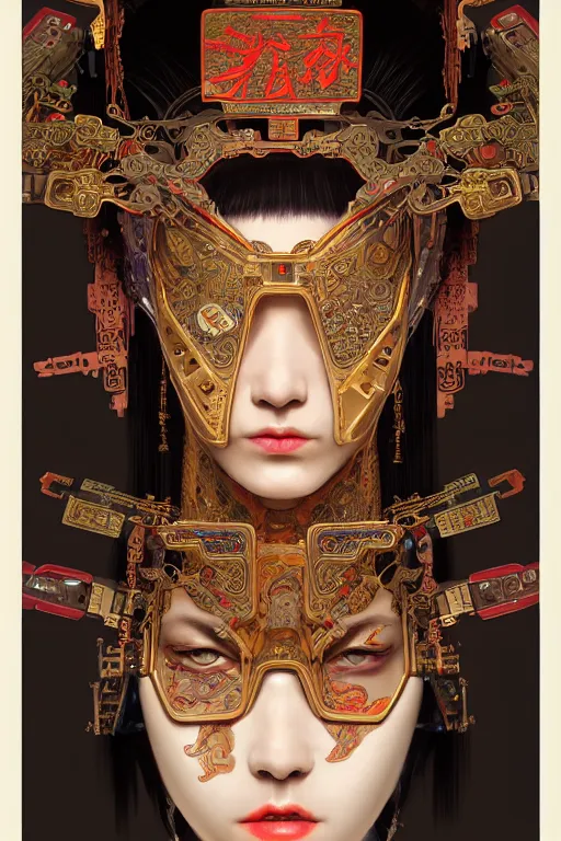 Image similar to portrait of a cyberpunk machine, machine face, upper half portrait, decorated with chinese opera motifs, asian, fine china, traditional chinese art, intricate, elegant, highly detailed, symmetry, headpiece, digital painting, artstation, concept art, smooth, sharp focus, illustration, art by artgerm and greg rutkowski and alphonse mucha, 8 k