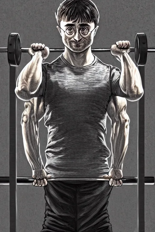 Image similar to highly detailed rendering of Daniel Radcliffe as Harry Potter doing barbell back squats, dingy workout gym, wearing a muscle tee shirt, muscular deep squats, symmetrical, highly detailed, digital painting, artstation, concept art, smooth, sharp focus, illustration, cinematic lighting, art by artgerm and greg rutkowski and alphonse mucha