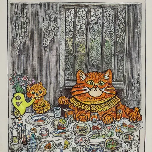 Image similar to Garfield comic drawn by Louis Wain