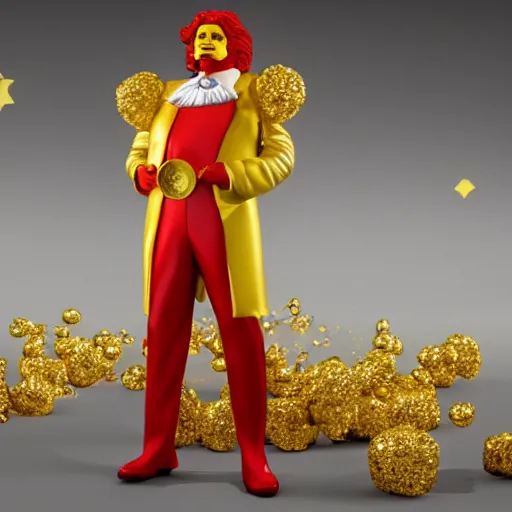 Image similar to a still of ronald mcdonald surrounded by gold and diamonds, award - winning, photograph, 3 d render, unreal engine, 4 k detailed