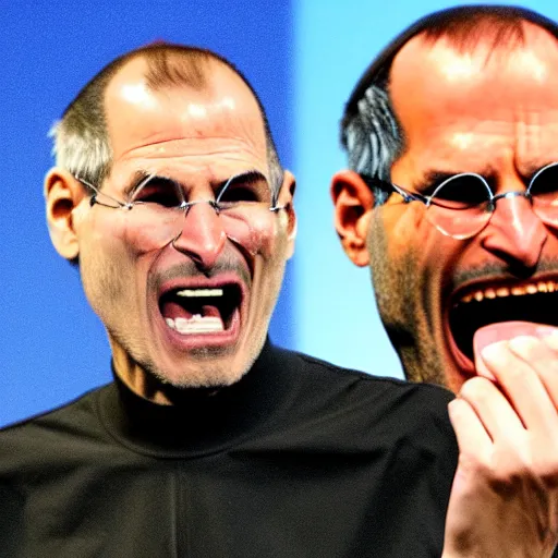 Prompt: extreme silly face championship steve jobs winning entry, face pulling world tournament 2 0 1 9. funny and grotesque face pulling competition.