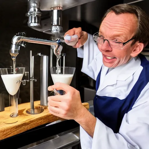 Prompt: milk is flowing like a river out of a scientist's mouth and it is flowing into the mouth of an android