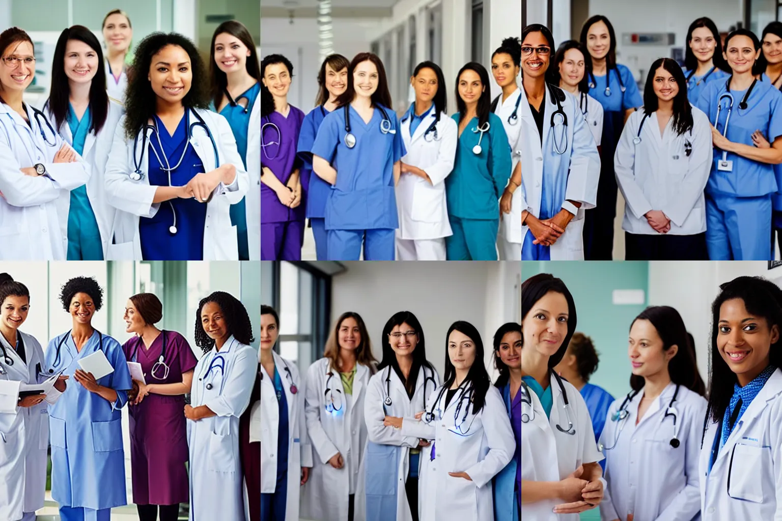 Prompt: photo of a group of female doctors, working in a hospital